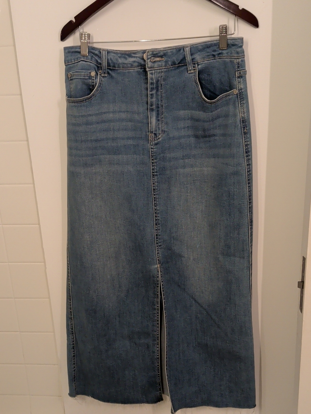Oat New York Light Blue Denim Maxi Skirt with Front Slit
